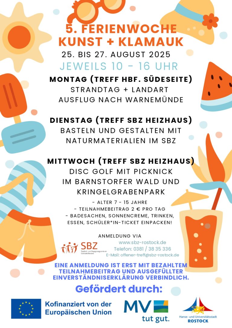 Plakat Ferienangebot Kunst und Klamauk im SBZ Südstadt Biestow